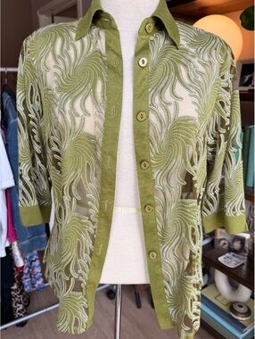 Vintage Paris Dream Olive Green Embroidered Sheer Button-Up XL